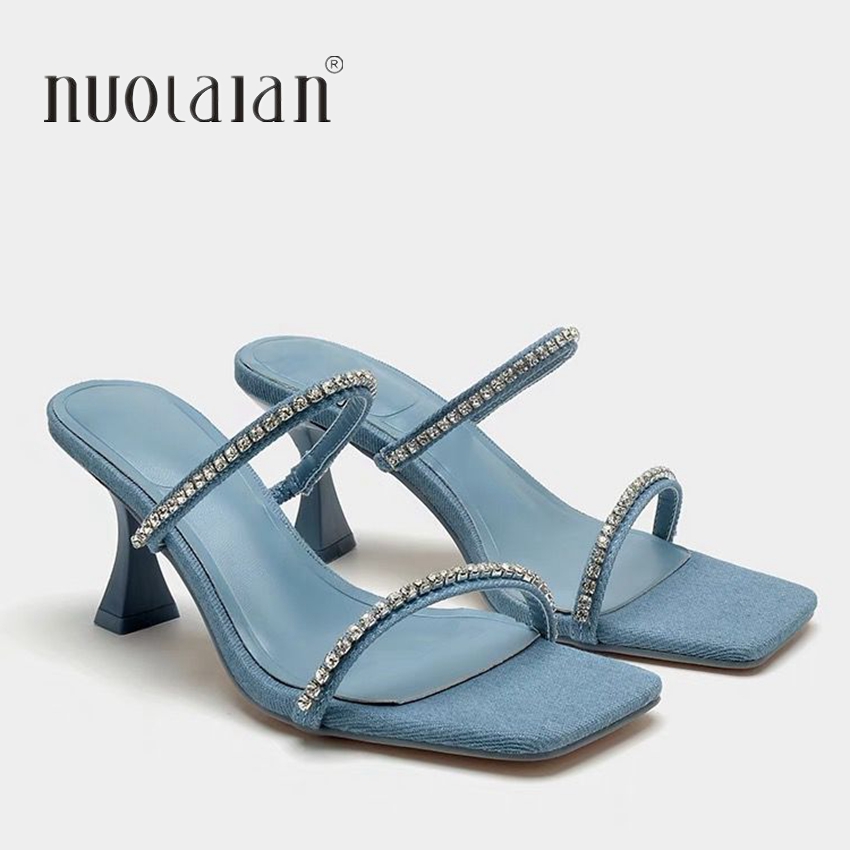 Women Shoes Jeans - صنادل كعب من الدنيم بحجر الراين