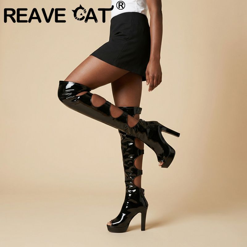 Women Shoes Zipper - REAVE CAT صندل أحمر فوق الركبة