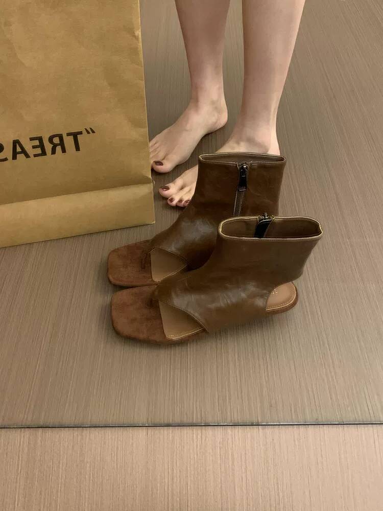 Women Shoes Zipper - أحذية نسائية قصيرة بنية عتيقة الطراز