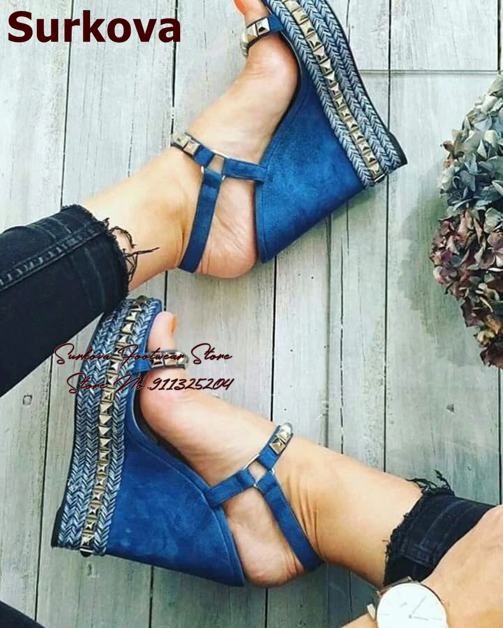 Women Shoes Jeans - Surkova الأزرق الدنيم إسفين كعب الذهب